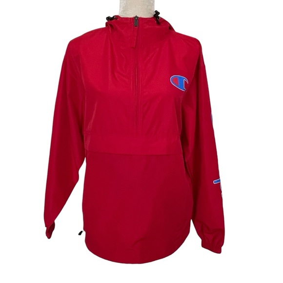 Champion Logo Quarter Zip Packable Hooded Windbreaker Jacket Men’s Size S Red - Picture 7 of 10